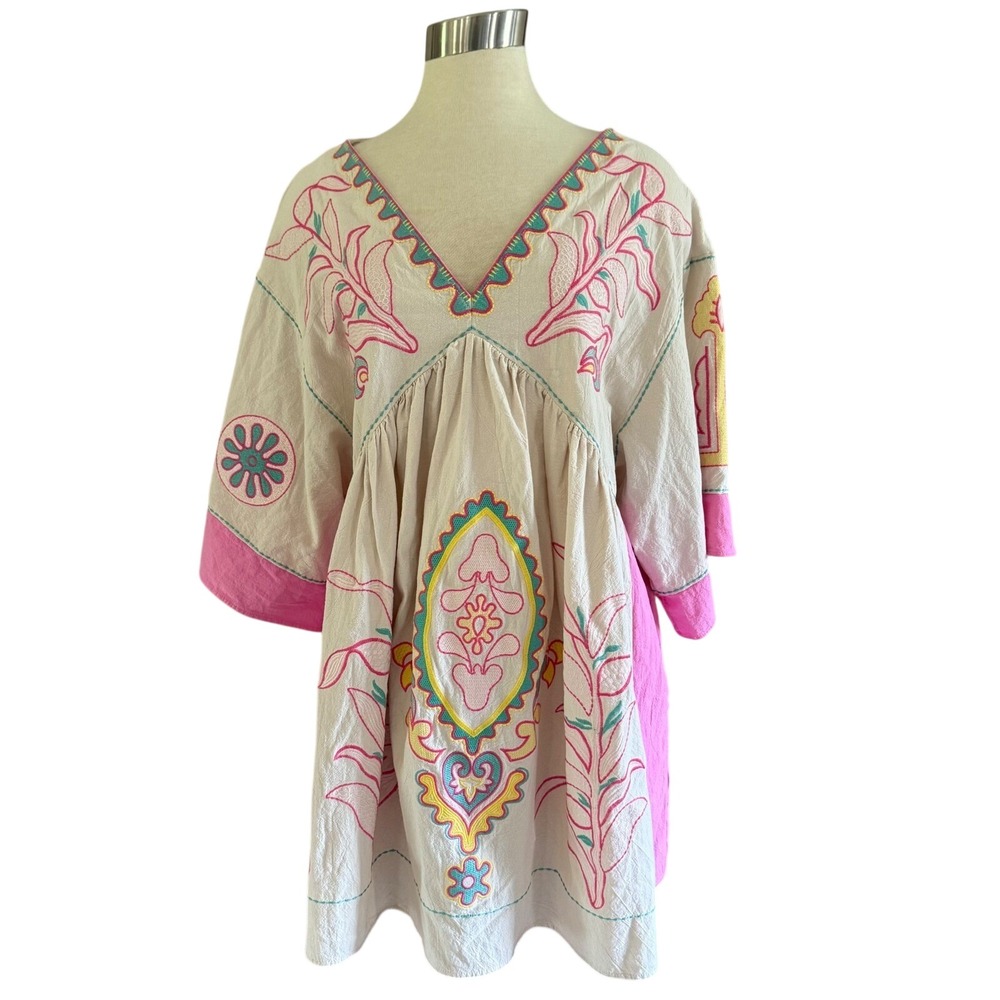 Blue Velvet embroidered Tunic Mini Dress Babydoll Medium Large Pink Boho Beach - Picture 3 of 11